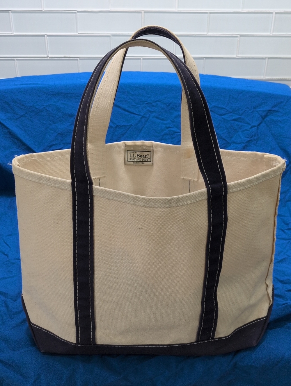 Vintage L.L. Bean Canvas Boat & Tote in Natural with Navy Trim